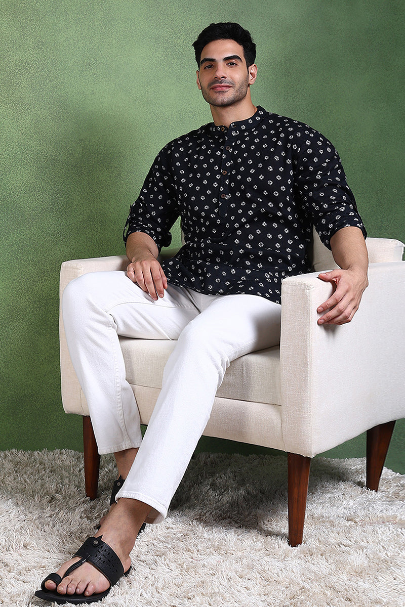 Ethnic Bay Black Cotton Bandhani Printed Straight Short Kurta For Men - Black