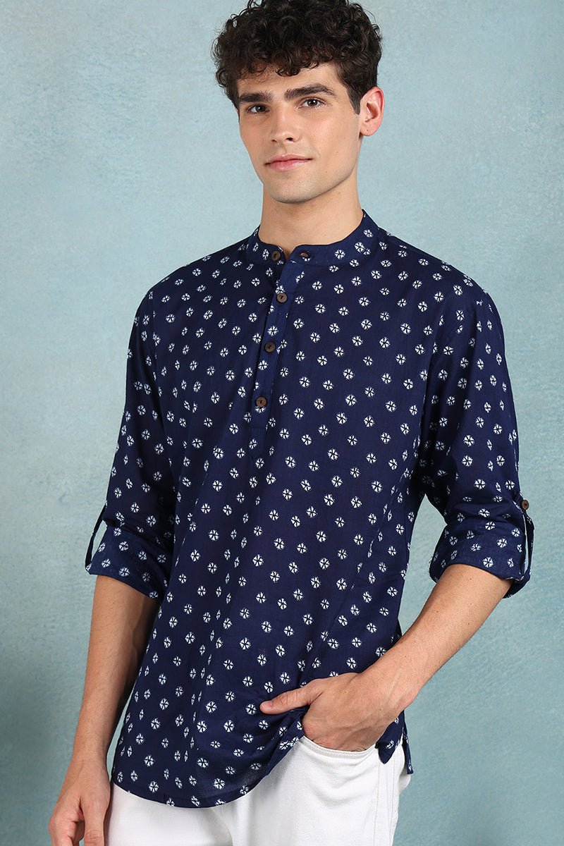 Ethnic Bay Blue Cotton Bandhani Printed Straight Short Kurta For Men MSKU1001BLU - Blue