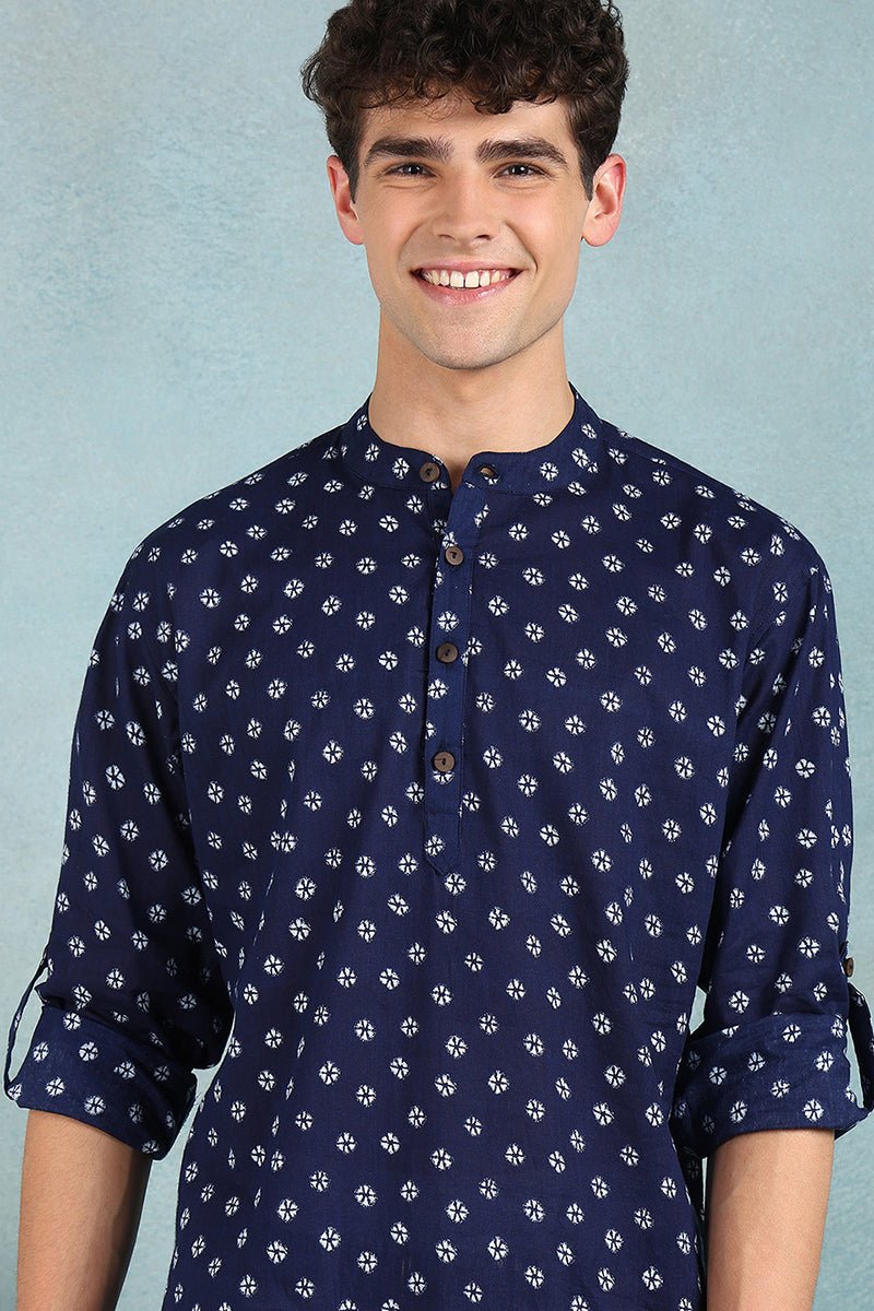 Ethnic Bay Blue Cotton Bandhani Printed Straight Short Kurta For Men MSKU1001BLU - Blue