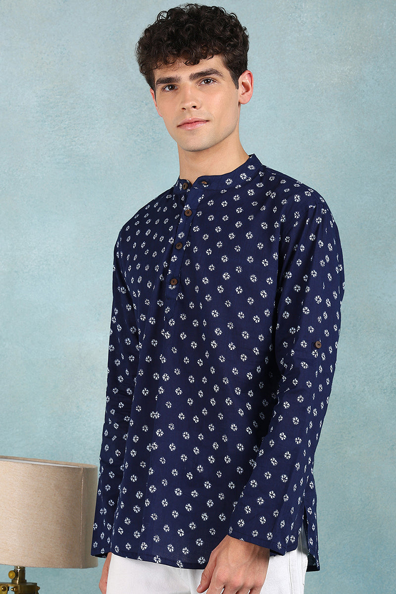 Ethnic Bay Blue Cotton Bandhani Printed Straight Short Kurta For Men MSKU1001BLU - Blue