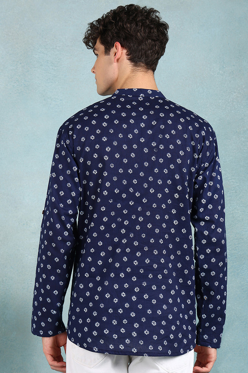 Ethnic Bay Blue Cotton Bandhani Printed Straight Short Kurta For Men MSKU1001BLU - Blue