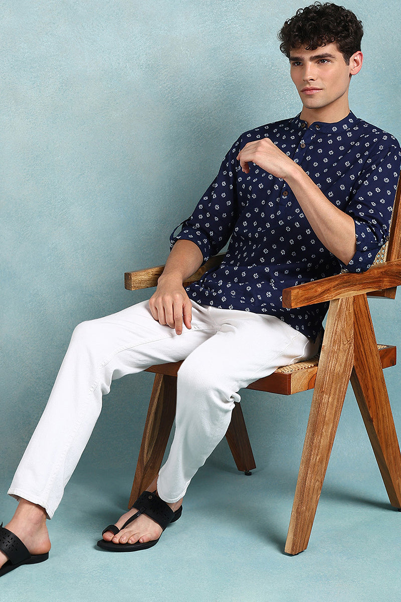 Ethnic Bay Blue Cotton Bandhani Printed Straight Short Kurta For Men MSKU1001BLU - Blue