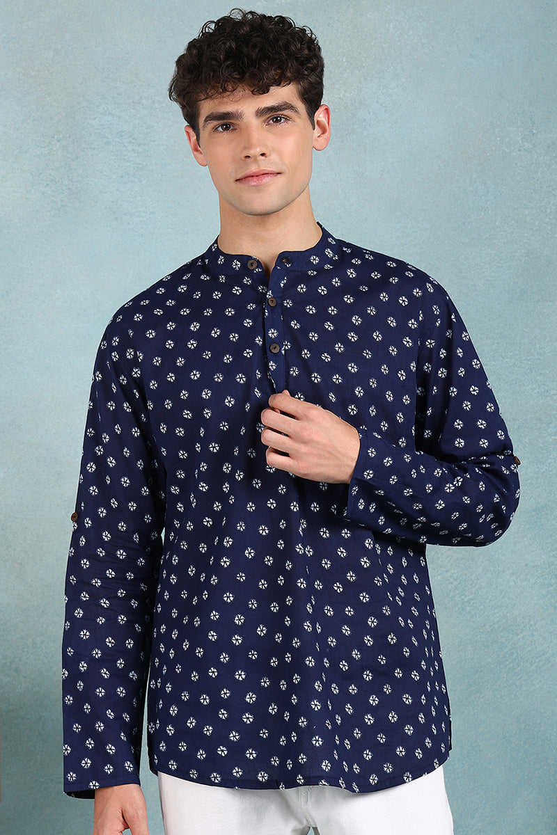 Ethnic Bay Blue Cotton Bandhani Printed Straight Short Kurta For Men MSKU1001BLU - Blue