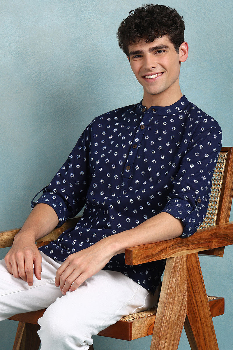 Ethnic Bay Blue Cotton Bandhani Printed Straight Short Kurta For Men MSKU1001BLU - Blue