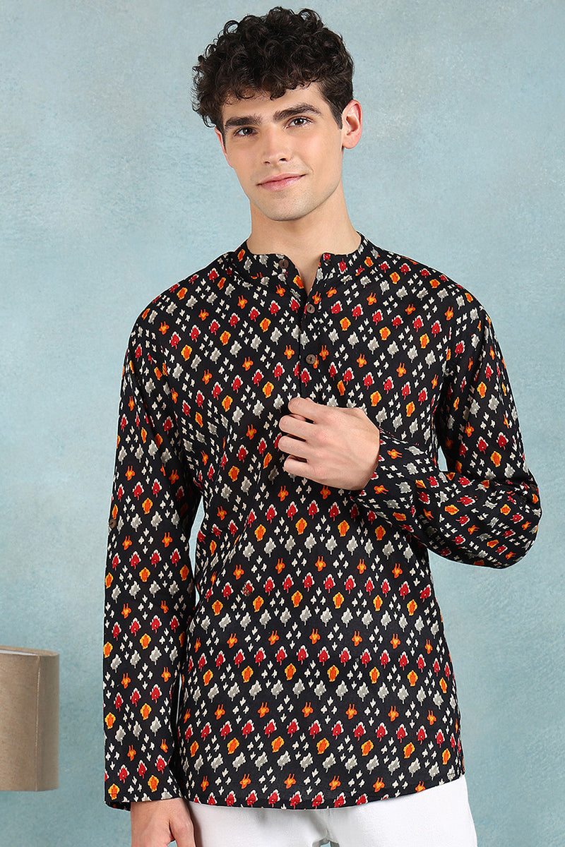 Ethnic Bay Black Cotton Ikat Printed Straight Short Kurta For Men MSKU1002BLK - Black