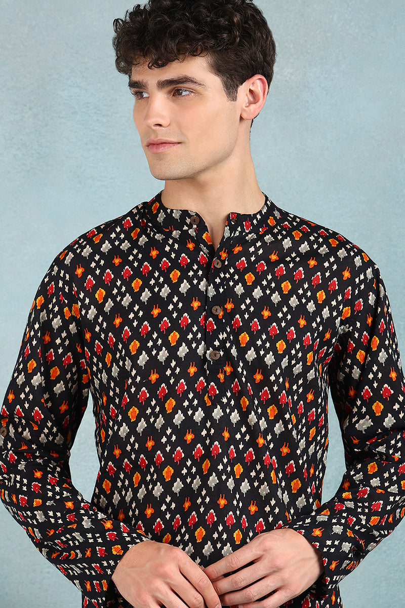 Ethnic Bay Black Cotton Ikat Printed Straight Short Kurta For Men MSKU1002BLK - Black