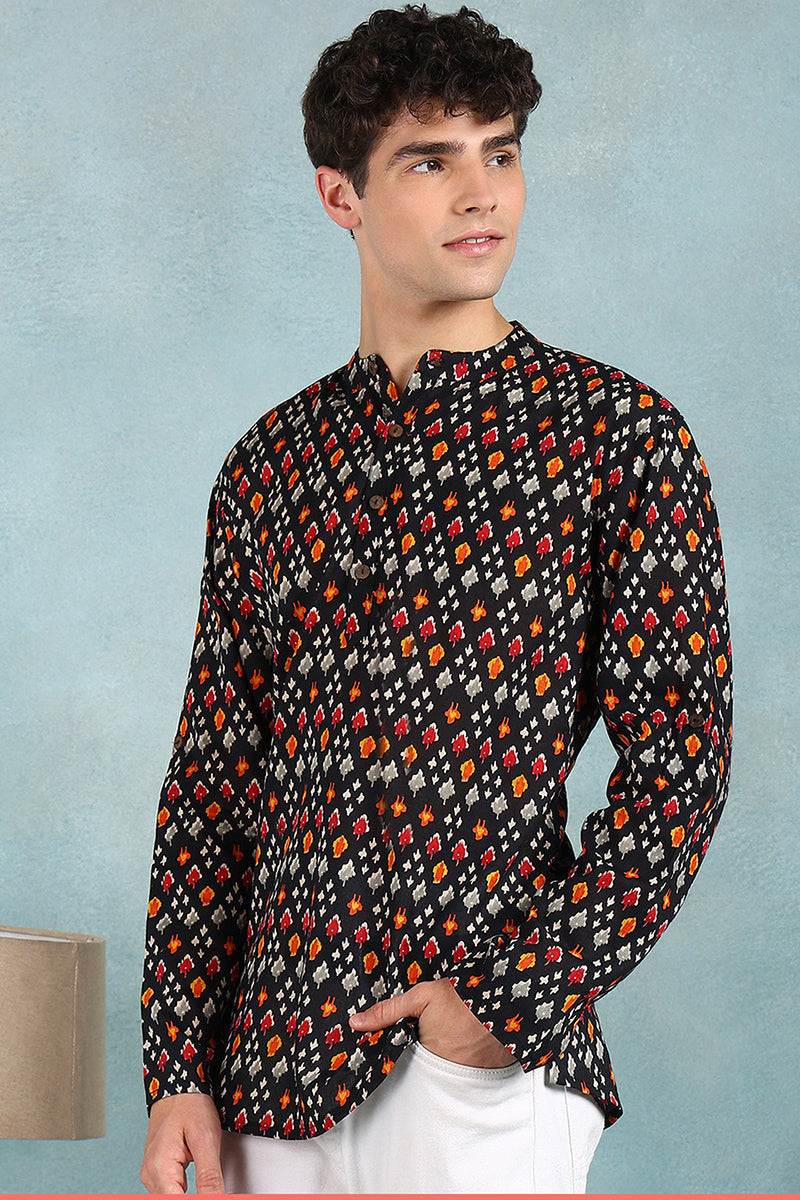 Ethnic Bay Black Cotton Ikat Printed Straight Short Kurta For Men MSKU1002BLK - Black