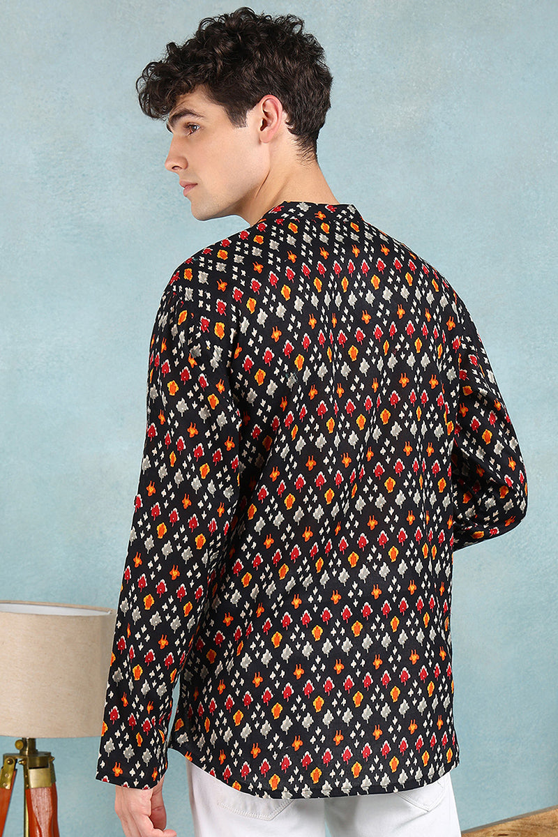 Ethnic Bay Black Cotton Ikat Printed Straight Short Kurta For Men MSKU1002BLK - Black