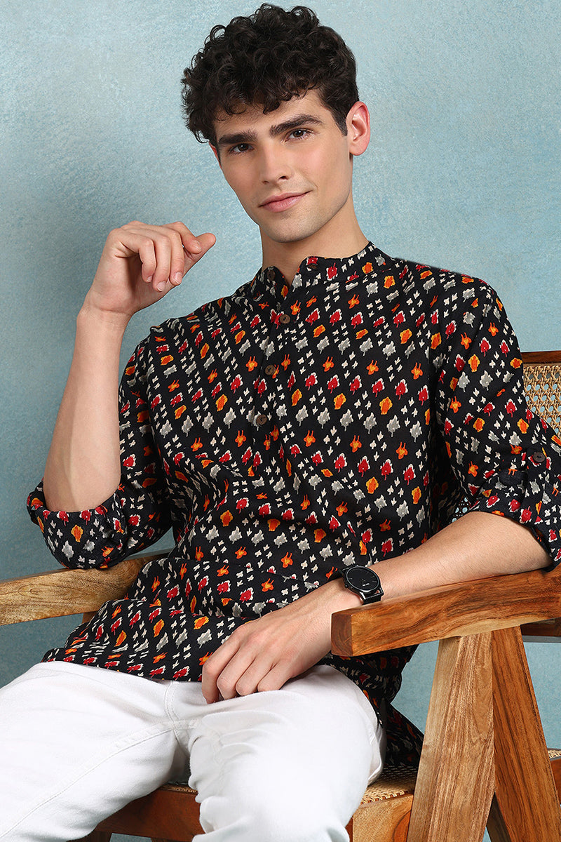 Ethnic Bay Black Cotton Ikat Printed Straight Short Kurta For Men MSKU1002BLK - Black