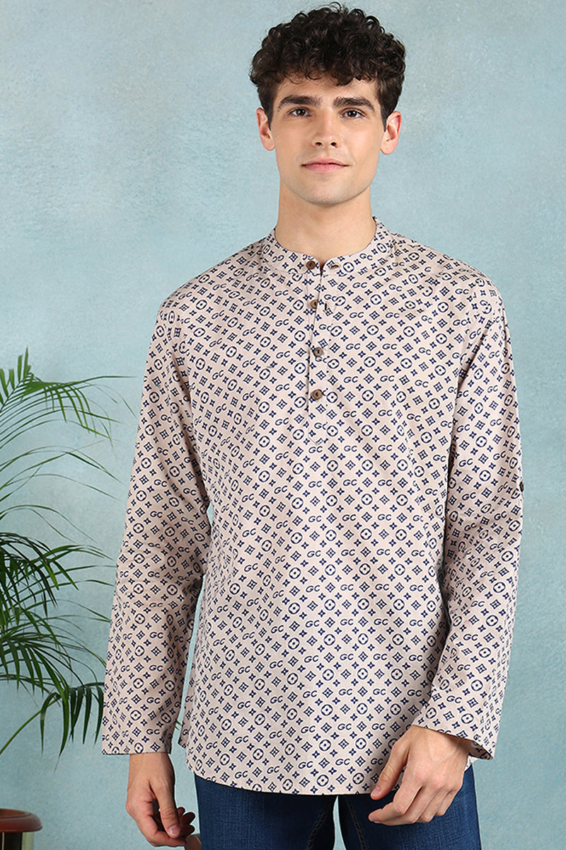 Ethnic Bay Beige Cotton Geometric Printed Straight Short Kurta For Men MSKU1004BLU - Beige