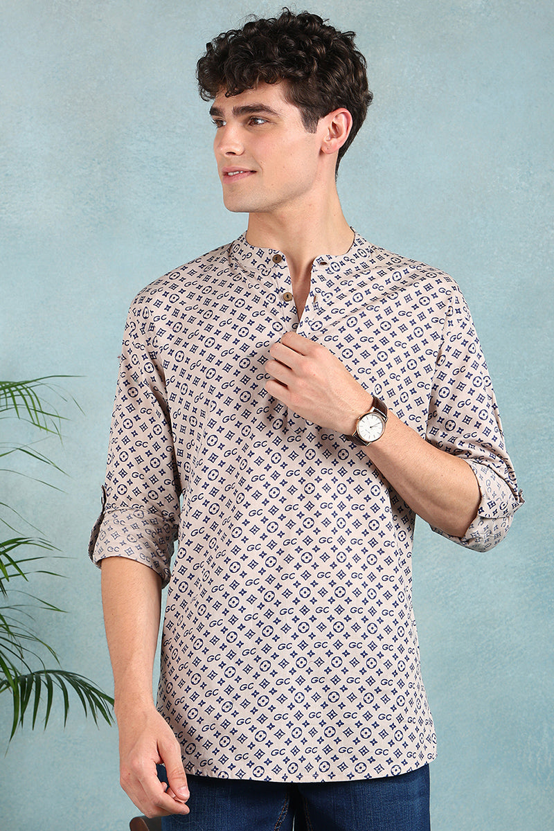 Ethnic Bay Beige Cotton Geometric Printed Straight Short Kurta For Men MSKU1004BLU - Beige