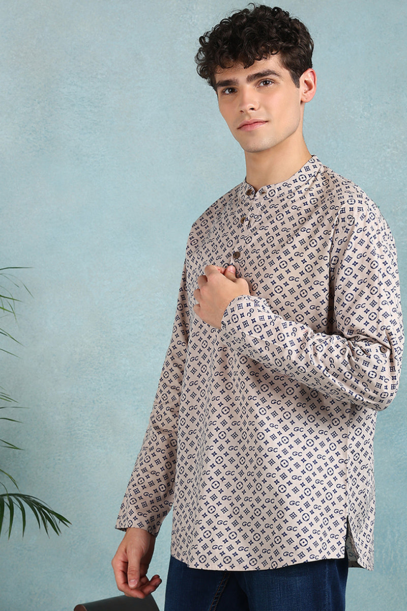 Ethnic Bay Beige Cotton Geometric Printed Straight Short Kurta For Men MSKU1004BLU - Beige