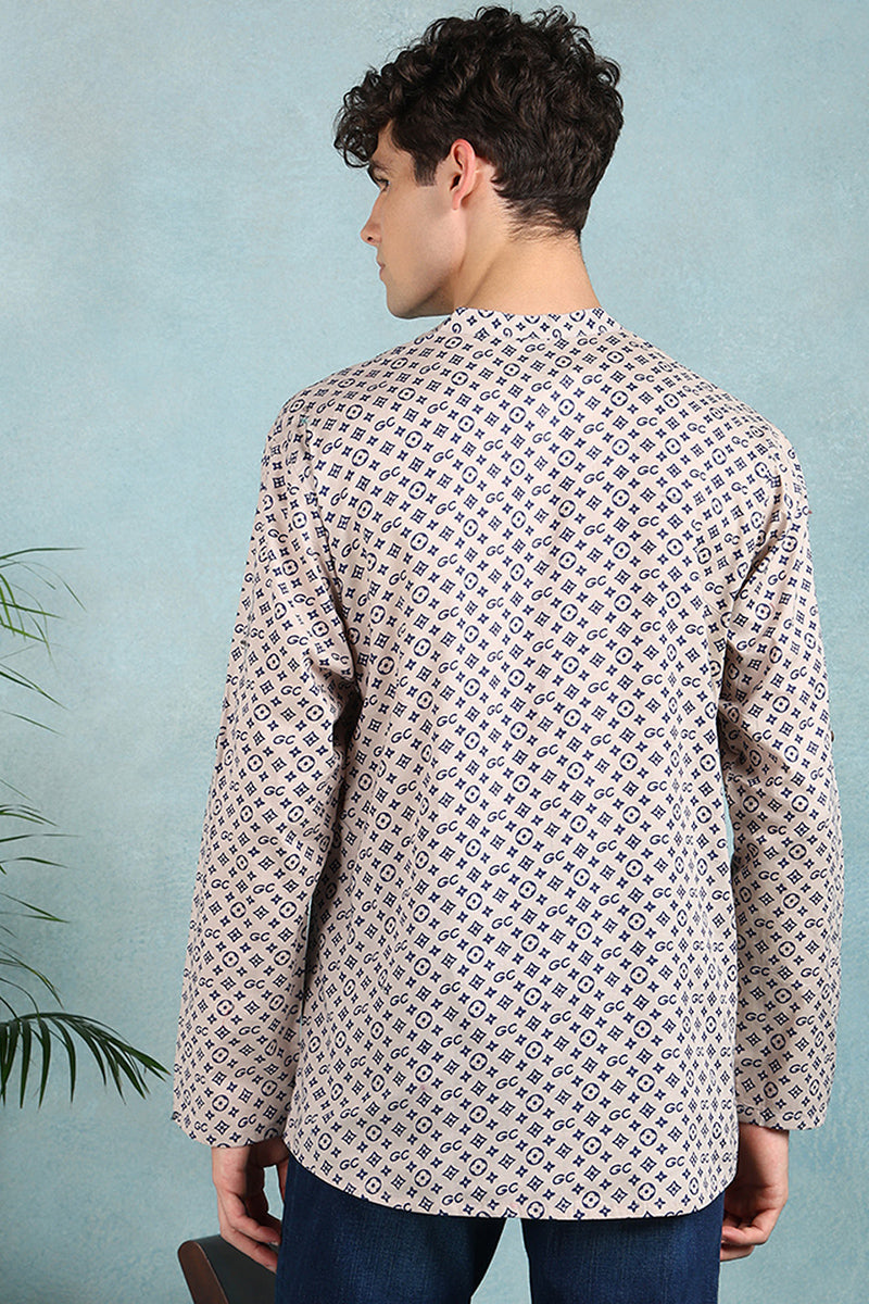 Ethnic Bay Beige Cotton Geometric Printed Straight Short Kurta For Men MSKU1004BLU - Beige
