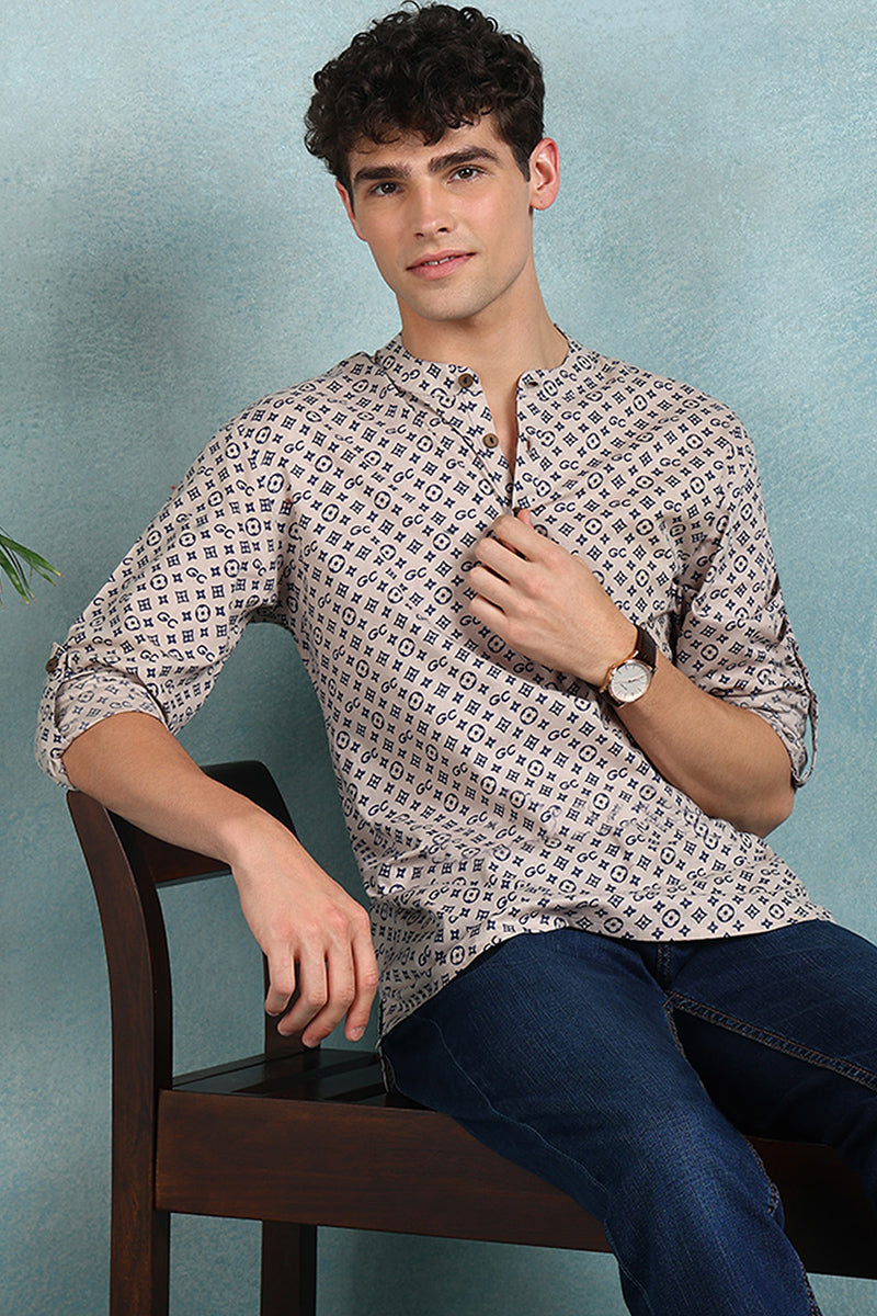 Ethnic Bay Beige Cotton Geometric Printed Straight Short Kurta For Men MSKU1004BLU - Beige