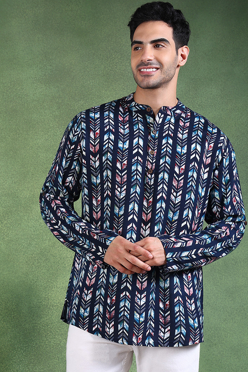 Ethnic Bay Blue Viscose Rayon Chevron Printed Straight Short Kurta For Men MSKU1006BLU - Blue