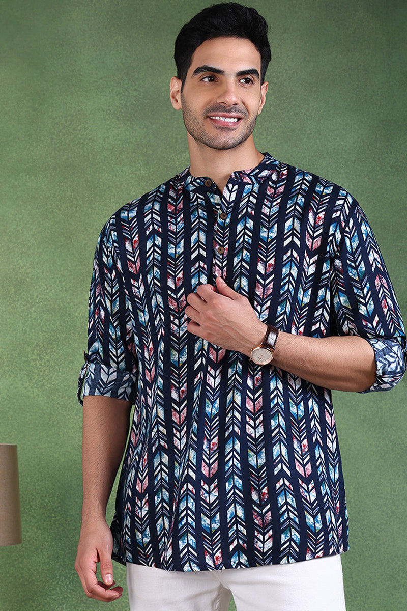 Ethnic Bay Blue Viscose Rayon Chevron Printed Straight Short Kurta For Men MSKU1006BLU - Blue