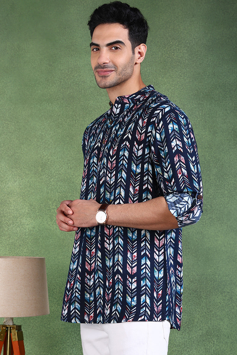 Ethnic Bay Blue Viscose Rayon Chevron Printed Straight Short Kurta For Men MSKU1006BLU - Blue