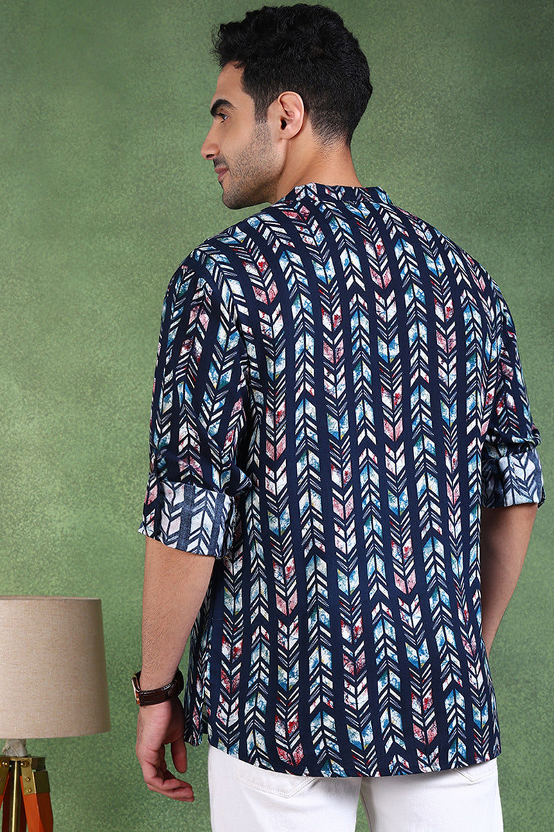 Ethnic Bay Blue Viscose Rayon Chevron Printed Straight Short Kurta For Men MSKU1006BLU - Blue