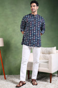 Ethnic Bay Blue Viscose Rayon Chevron Printed Straight Short Kurta For Men MSKU1006BLU - Blue