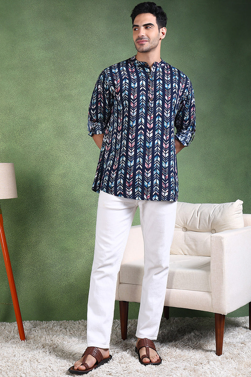 Ethnic Bay Blue Viscose Rayon Chevron Printed Straight Short Kurta For Men MSKU1006BLU - Blue