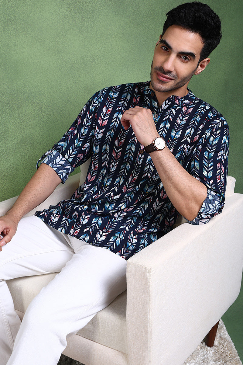 Ethnic Bay Blue Viscose Rayon Chevron Printed Straight Short Kurta For Men MSKU1006BLU - Blue