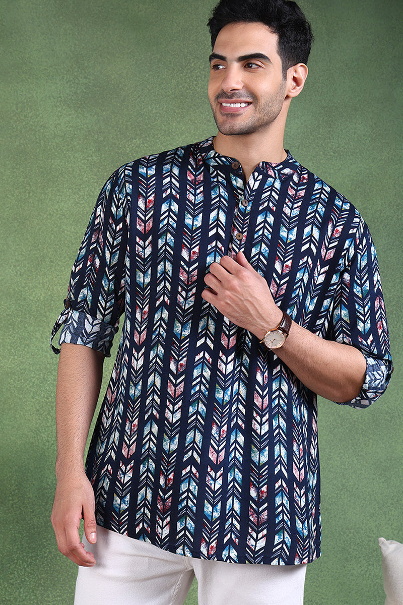 Ethnic Bay Blue Viscose Rayon Chevron Printed Straight Short Kurta For Men MSKU1006BLU - Blue