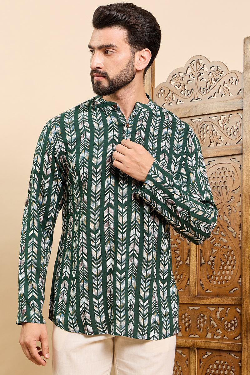 Ethnic Bay Green Viscose Rayon Chevron Printed Ethnic Straight Short Kurta For Men MSKU1006GRN - Green
