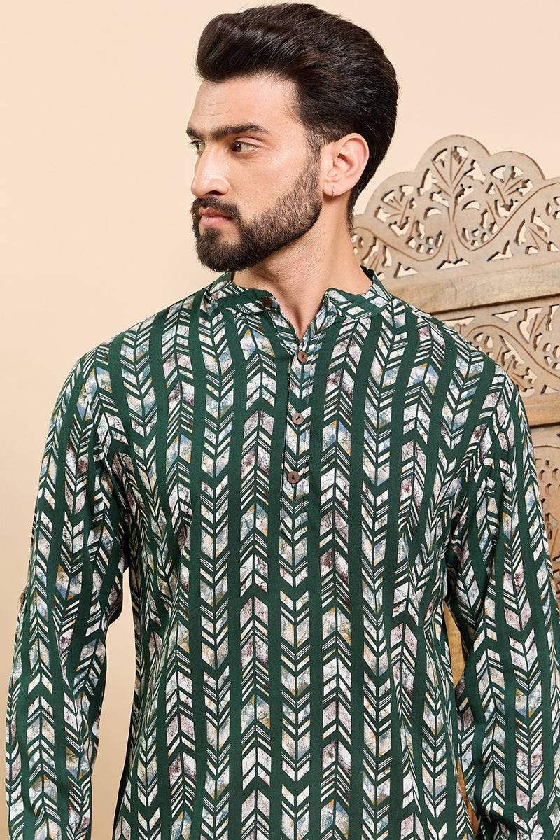 Ethnic Bay Green Viscose Rayon Chevron Printed Ethnic Straight Short Kurta For Men MSKU1006GRN - Green
