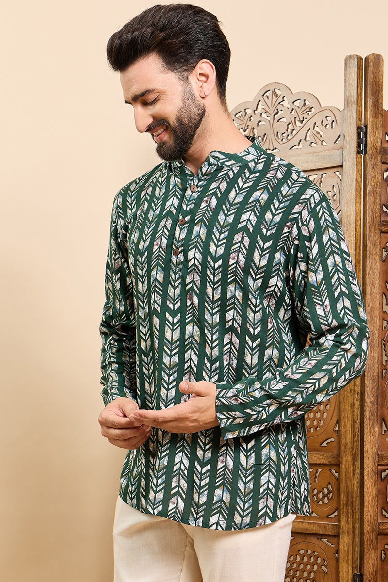 Ethnic Bay Green Viscose Rayon Chevron Printed Ethnic Straight Short Kurta For Men MSKU1006GRN - Green