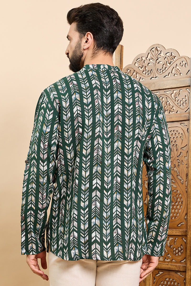 Ethnic Bay Green Viscose Rayon Chevron Printed Ethnic Straight Short Kurta For Men MSKU1006GRN - Green