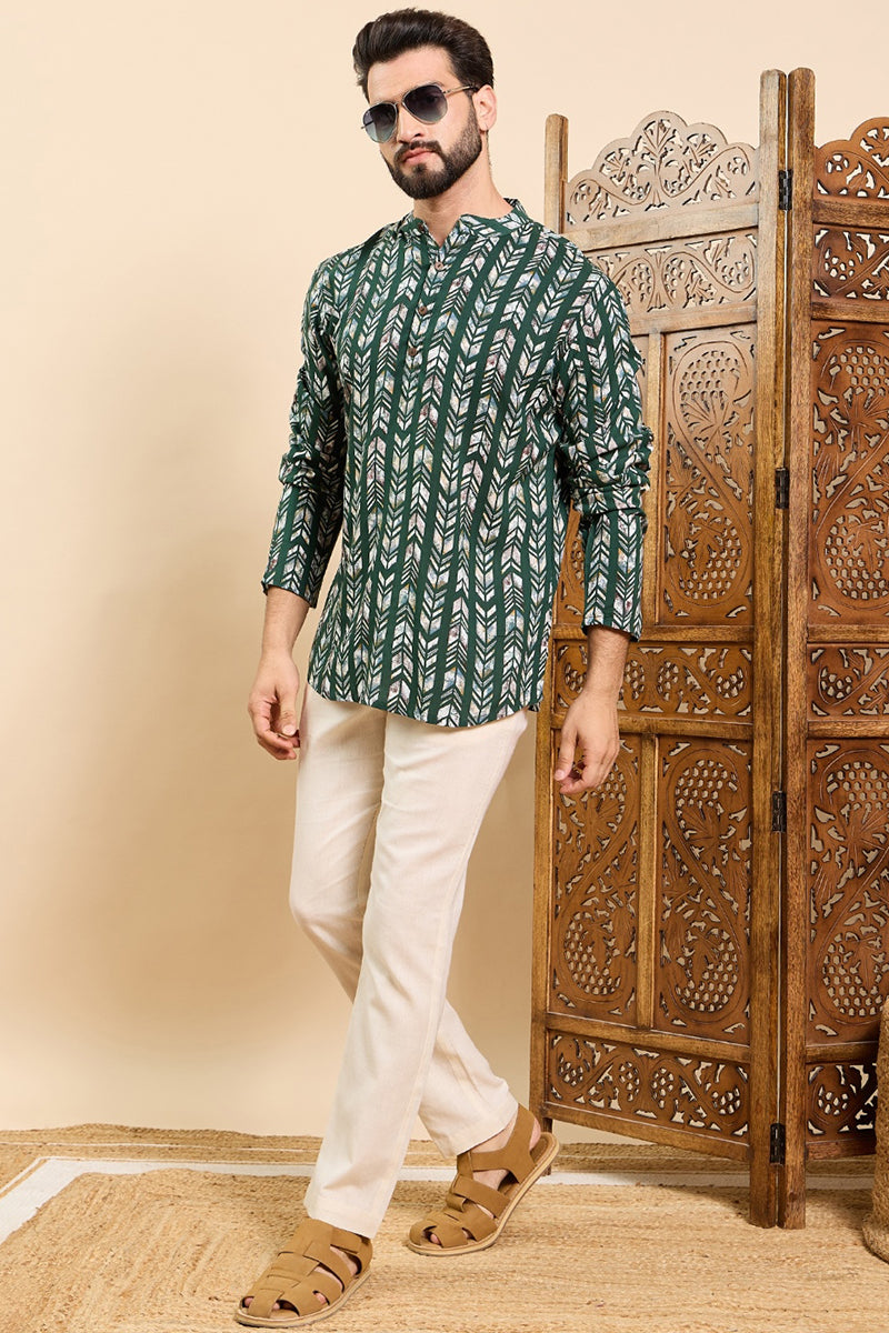 Ethnic Bay Green Viscose Rayon Chevron Printed Ethnic Straight Short Kurta For Men MSKU1006GRN - Green