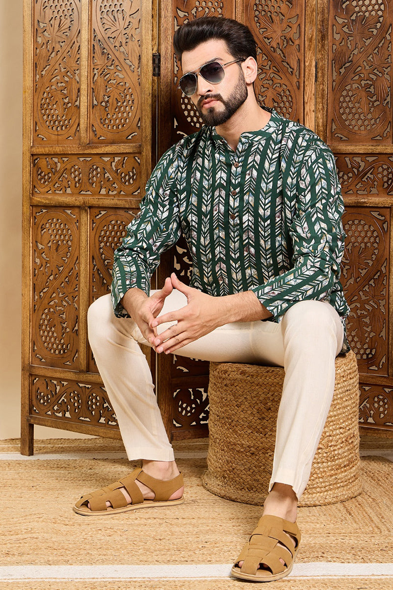 Ethnic Bay Green Viscose Rayon Chevron Printed Ethnic Straight Short Kurta For Men MSKU1006GRN - Green