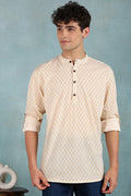 Ethnic Bay Off White Cotton Geometric Printed Straight Short Kurta For Men MSKU1007WHT - Off White