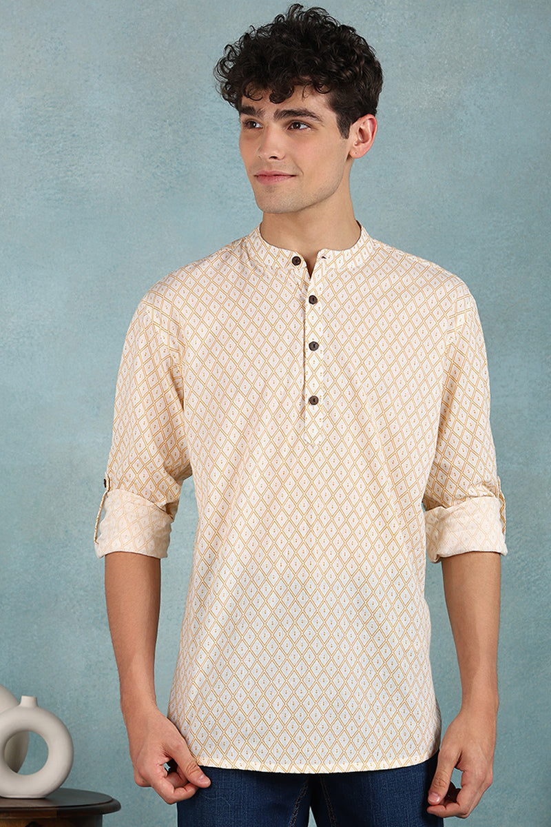Ethnic Bay Off White Cotton Geometric Printed Straight Short Kurta For Men MSKU1007WHT - Off White