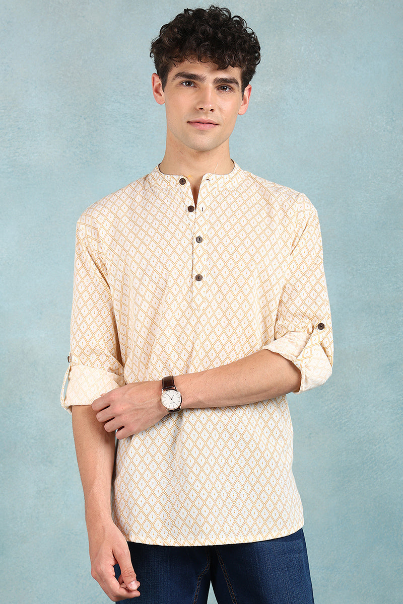 Ethnic Bay Off White Cotton Geometric Printed Straight Short Kurta For Men MSKU1007WHT - Off White