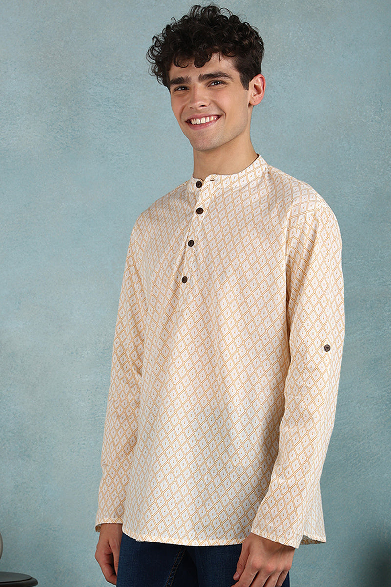 Ethnic Bay Off White Cotton Geometric Printed Straight Short Kurta For Men MSKU1007WHT - Off White