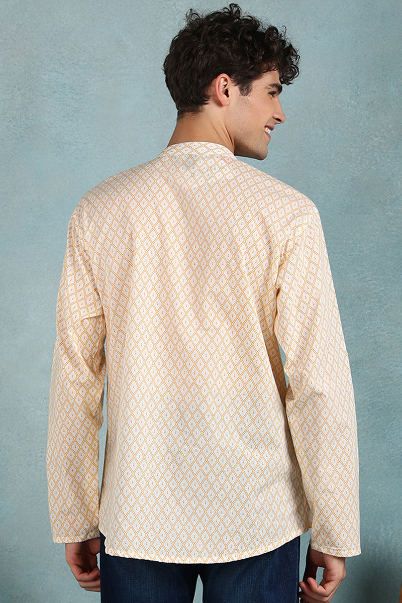 Ethnic Bay Off White Cotton Geometric Printed Straight Short Kurta For Men MSKU1007WHT - Off White