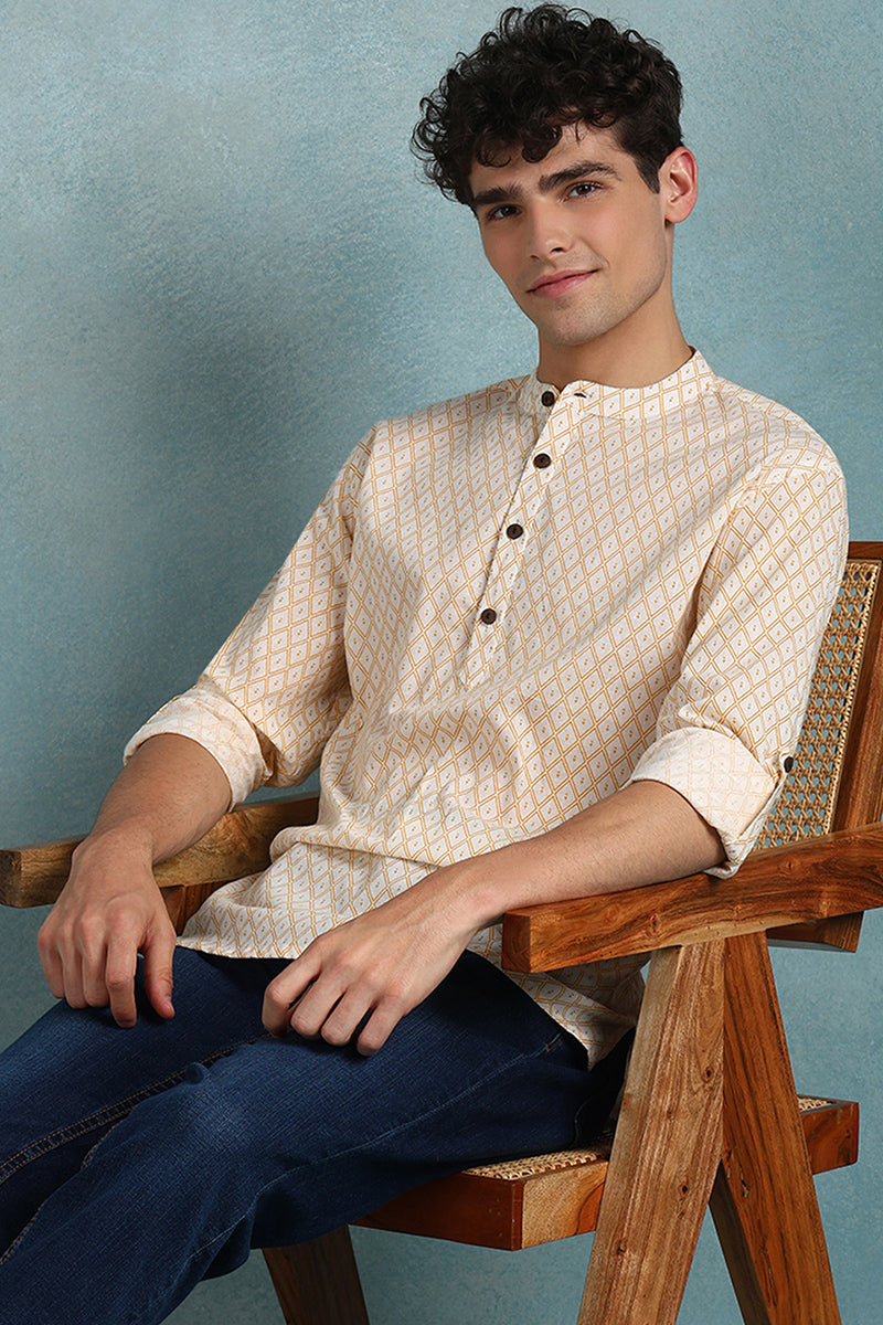 Ethnic Bay Off White Cotton Geometric Printed Straight Short Kurta For Men MSKU1007WHT - Off White