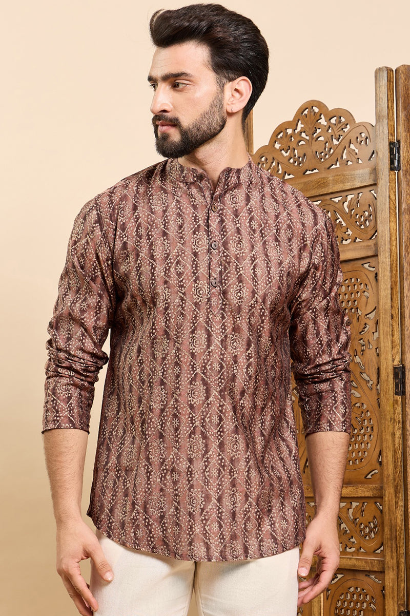 Ethnic Bay Brown Cotton Geometric Printed Ethnic Straight Short Kurta For Men MSKU1008BWN - Brown