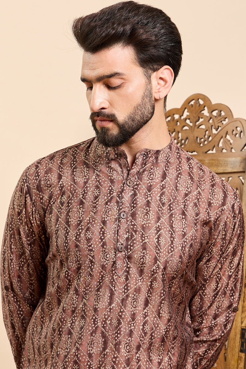 Ethnic Bay Brown Cotton Geometric Printed Ethnic Straight Short Kurta For Men MSKU1008BWN - Brown