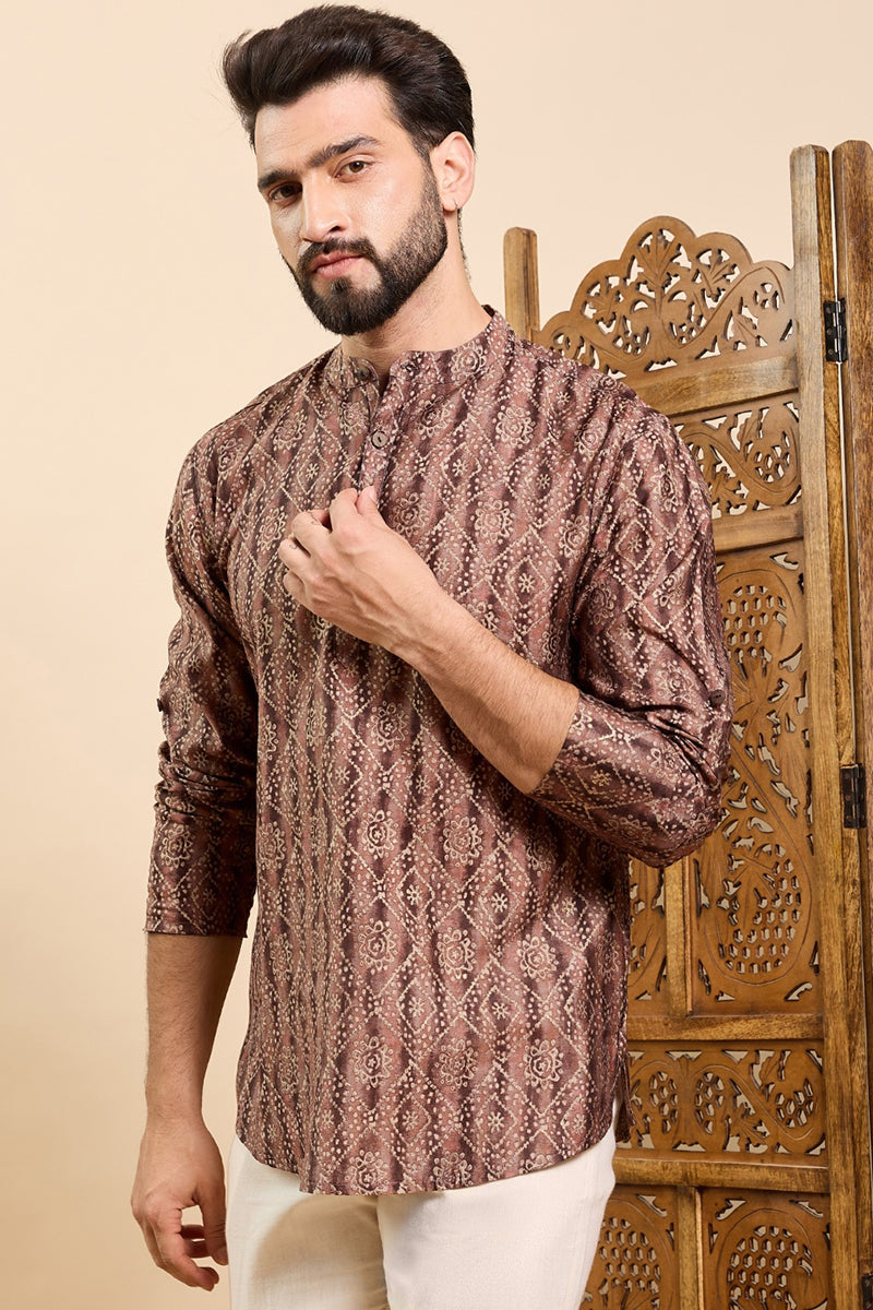 Ethnic Bay Brown Cotton Geometric Printed Ethnic Straight Short Kurta For Men MSKU1008BWN - Brown