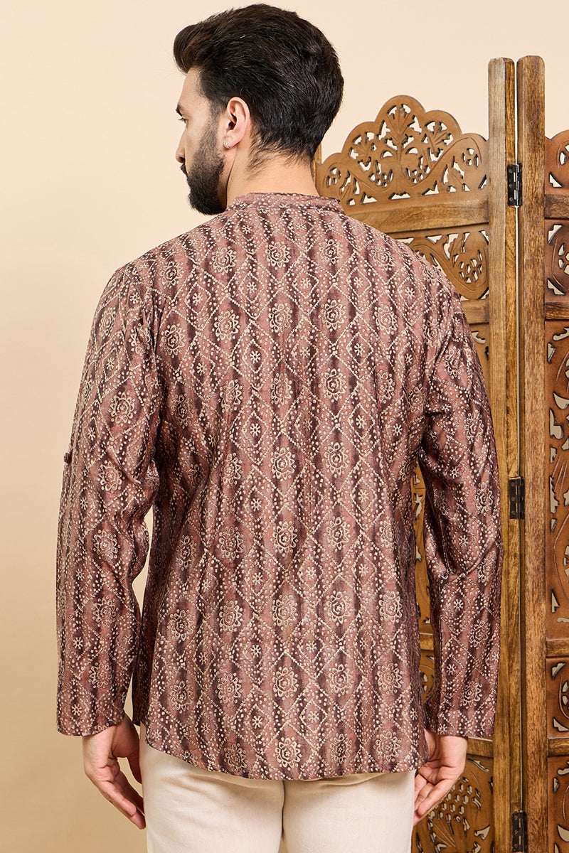 Ethnic Bay Brown Cotton Geometric Printed Ethnic Straight Short Kurta For Men MSKU1008BWN - Brown