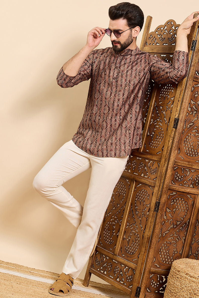 Ethnic Bay Brown Cotton Geometric Printed Ethnic Straight Short Kurta For Men MSKU1008BWN - Brown