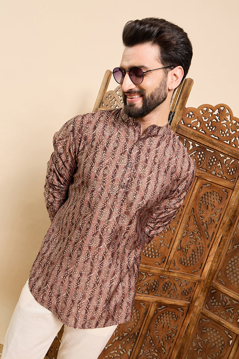 Ethnic Bay Brown Cotton Geometric Printed Ethnic Straight Short Kurta For Men MSKU1008BWN - Brown