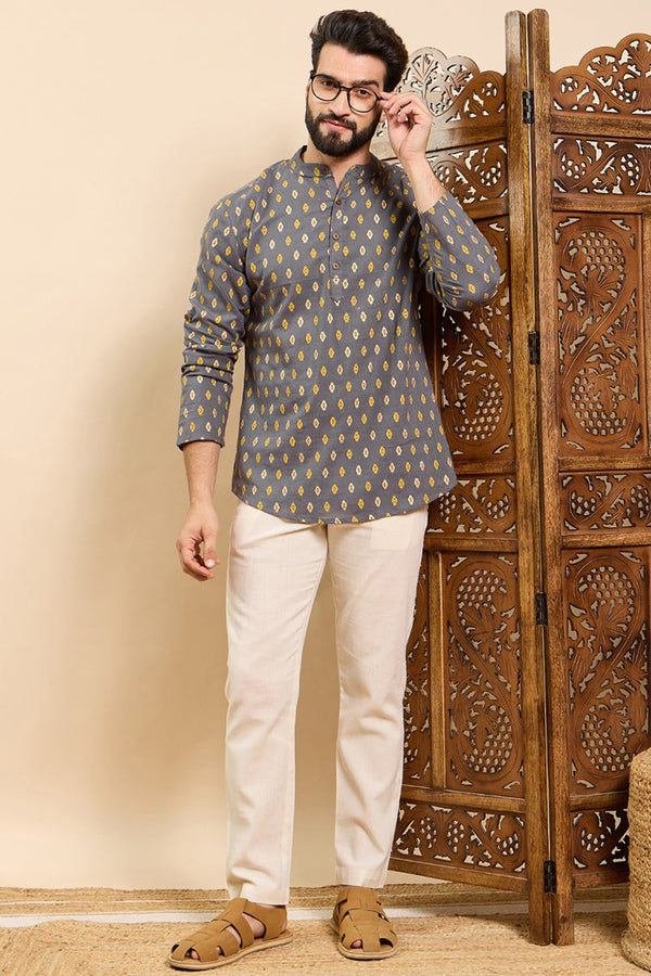 Ethnic Bay Grey Cotton Ethnic Motifs Printed Ethnic Straight Short Kurta For Men MSKU1010GRY - Grey