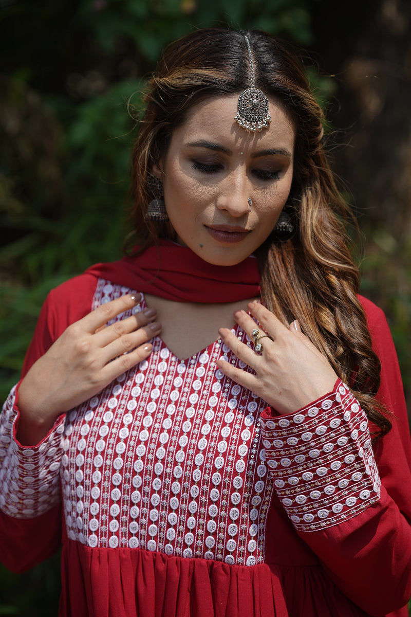 Red Poly Georgette Yoke Design Suit Set - Red