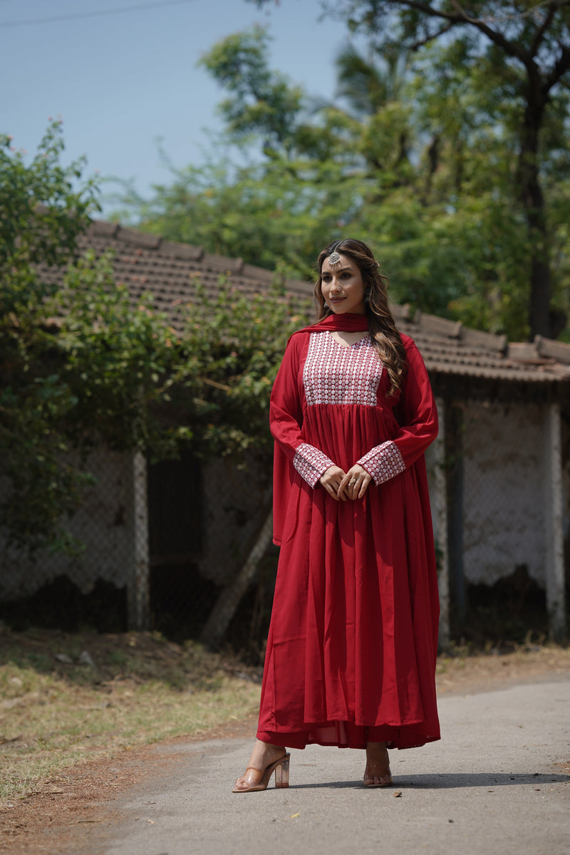 Red Poly Georgette Yoke Design Suit Set - Red