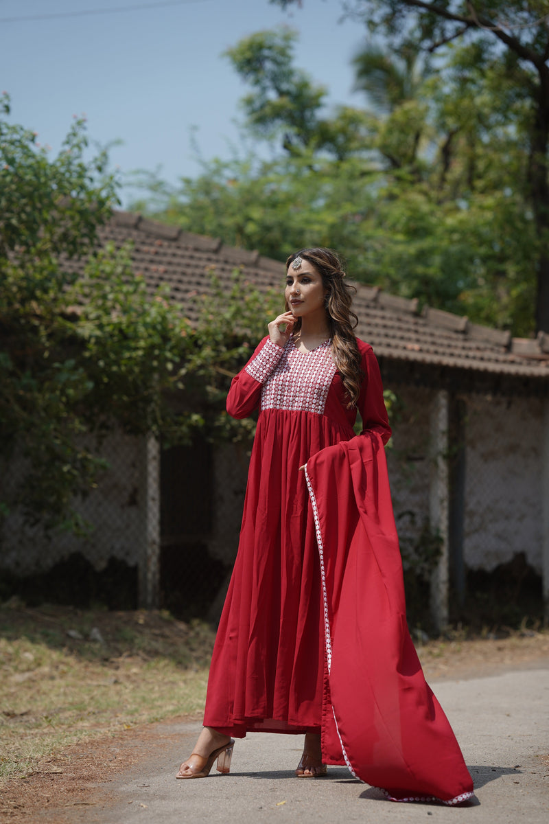 Red Poly Georgette Yoke Design Suit Set - Red