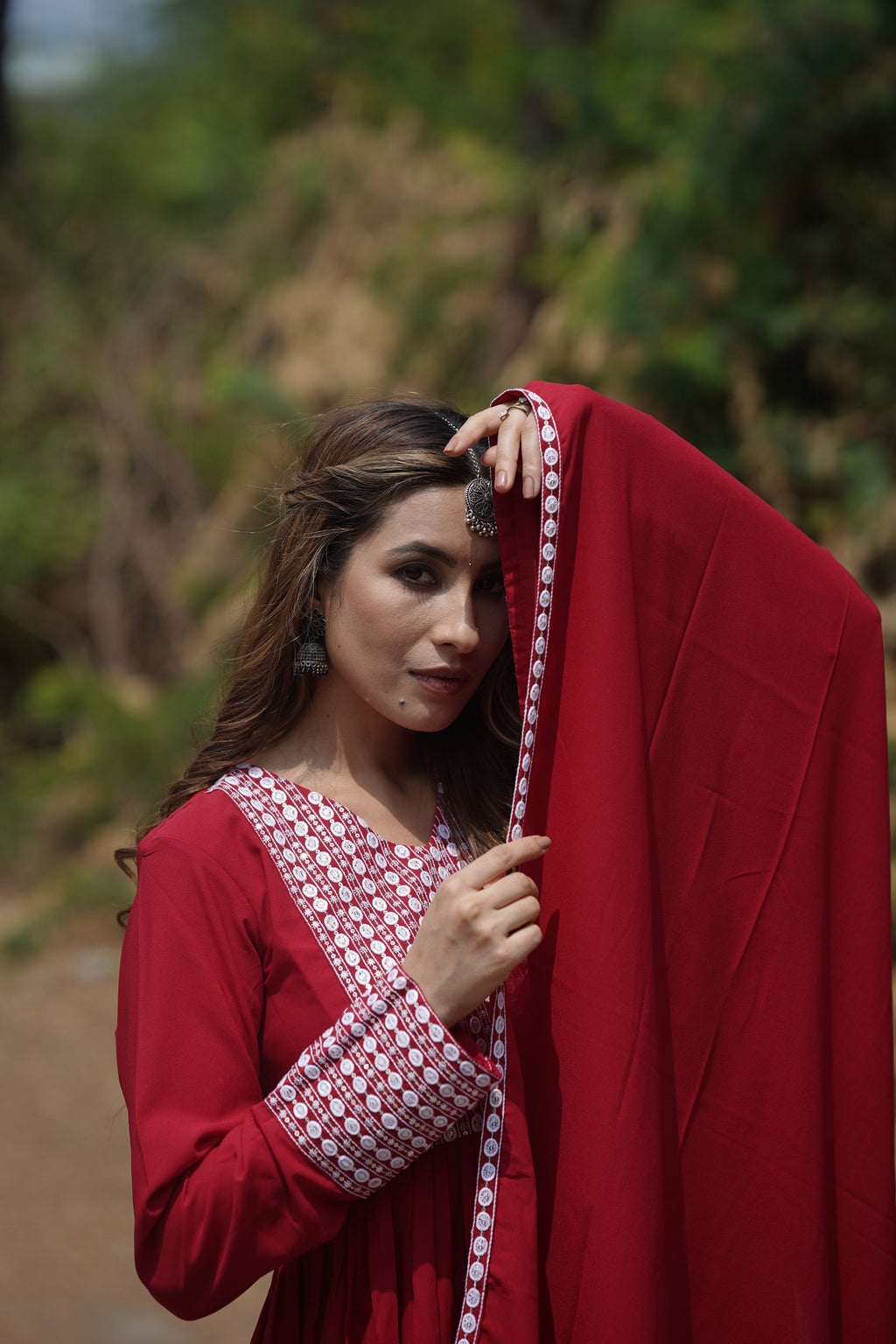 Red Poly Georgette Yoke Design Suit Set - Red