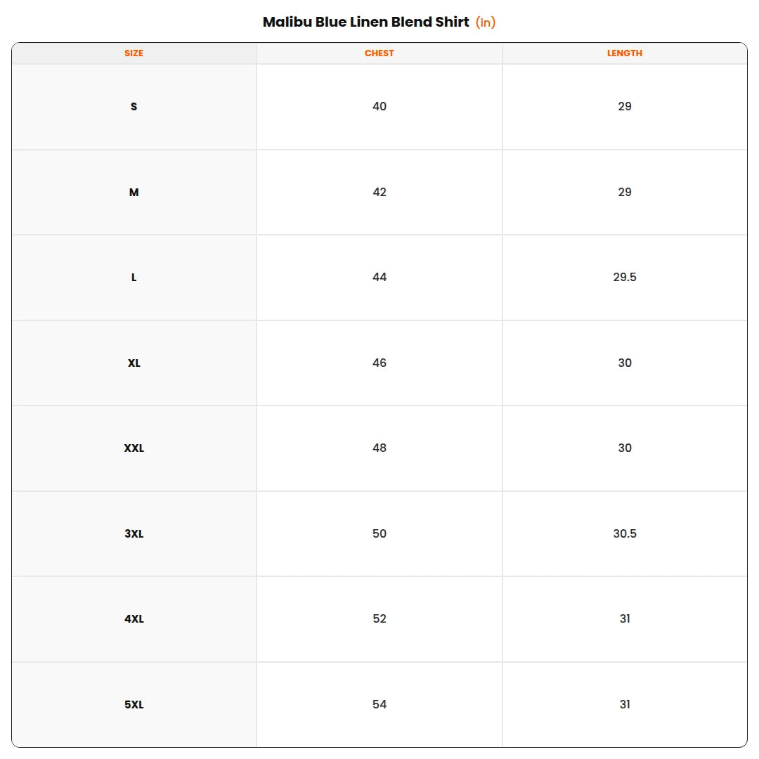 Size chart - Malibu Blue Linen Blend Shirt